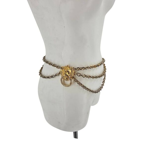 Vintage Lion Head Triple Chain Belt Rhinestone Doorknocker Gold Tone